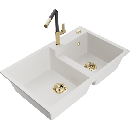 Mexen Tomas 2-bowl granite kitchen sink with Flora faucet, white - 6516-20-670401-57-G