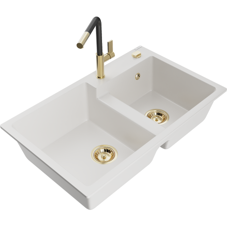 Mexen Tomas granite sink 2-bowl with Flora kitchen tap, white - 6516-20-670401-57-G