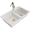 Mexen Tomas granite sink 2-bowl with Flora kitchen tap, white - 6516-20-670401-57-G