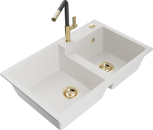 Mexen Tomas 2-bowl granite sink with Flora kitchen faucet, white - 6516-20-670401-57-G