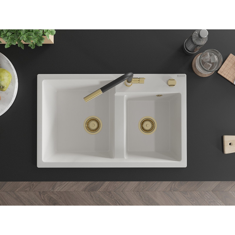 Mexen Tomas 2-bowl granite kitchen sink with Flora faucet, white - 6516-20-670401-57-G