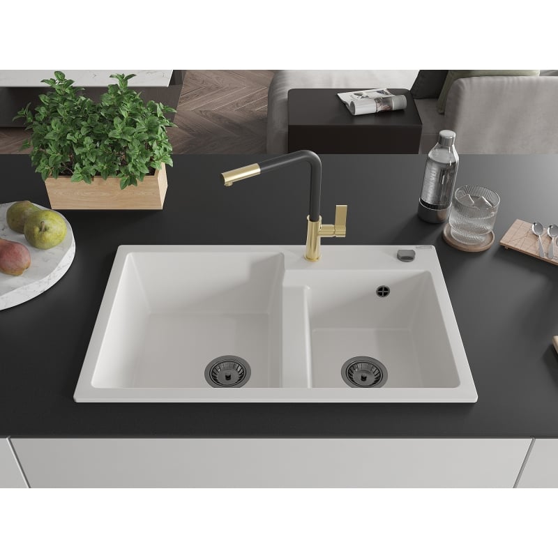 Mexen Tomas 2-chamber granite sink with Flora kitchen faucet, white - 6516-20-670401-57-B