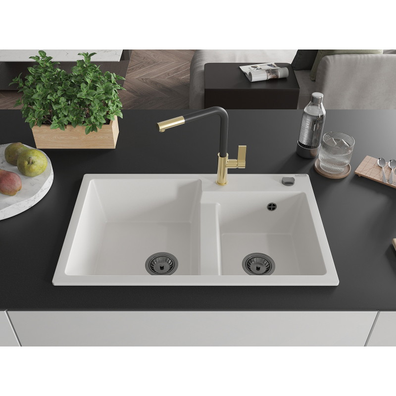 Mexen Tomas granite double-bowl kitchen sink with Flora faucet, white - 6516-20-670401-57-B
