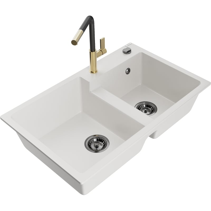 Mexen Tomas granite double-bowl kitchen sink with Flora faucet, white - 6516-20-670401-57-B