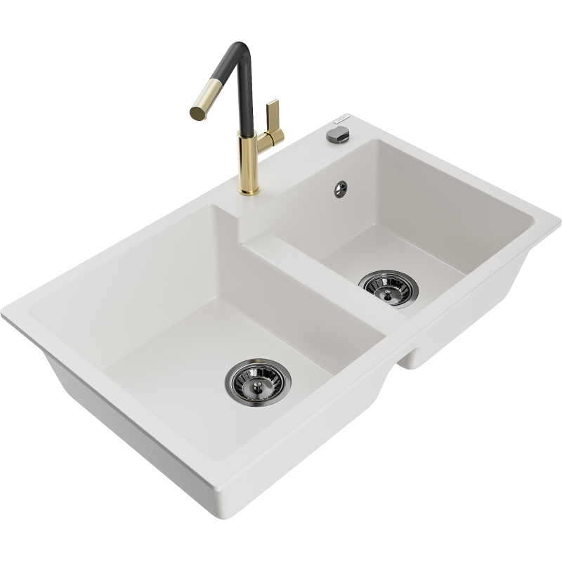 Mexen Tomas granite sink 2-chamber with Flora kitchen tap, white - 6516-20-670401-57-B