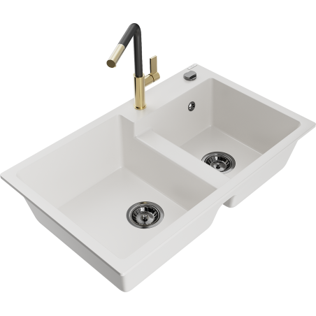 Mexen Tomas 2-chamber granite sink with Flora kitchen faucet, white - 6516-20-670401-57-B