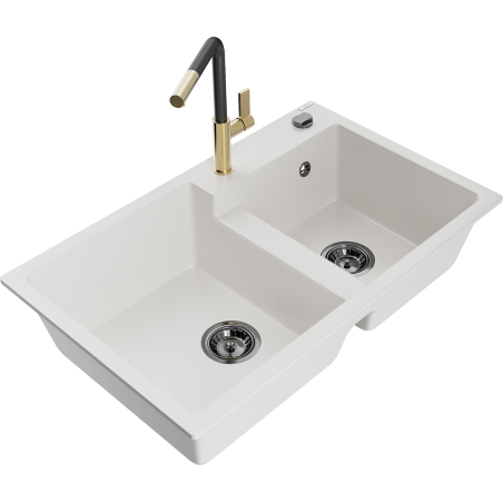 Mexen Tomas granite sink 2-chamber with Flora kitchen tap, white - 6516-20-670401-57-B
