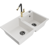 Mexen Tomas 2-compartment granite sink with a kitchen mixer tap Flora, White - 6516-20-670401-57-B