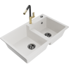 Mexen Tomas granite sink 2-chamber with Flora kitchen tap, white - 6516-20-670401-57-B
