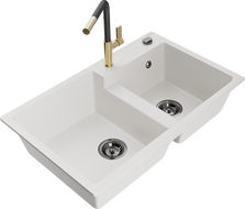 Mexen Tomas granite double-bowl kitchen sink with Flora faucet, white - 6516-20-670401-57-B