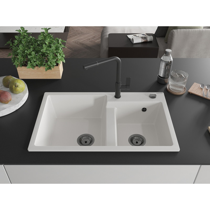 Mexen Tomas 2-chamber granite sink with Flora kitchen faucet, white - 6516-20-670401-70-B