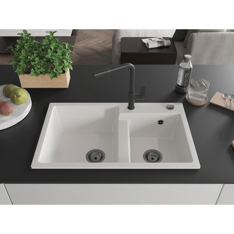 Mexen Tomas granite kitchen sink 2-chamber with Flora kitchen tap, white - 6516-20-670401-70-B