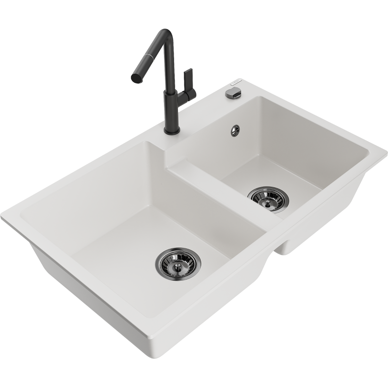 Mexen Tomas 2-compartment granite sink with a kitchen mixer tap Flora, White - 6516-20-670401-70-B