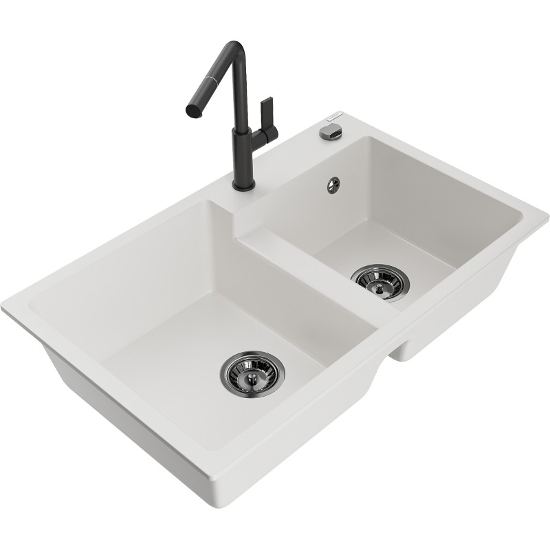 Mexen Tomas granite kitchen sink 2-bowl with Flora kitchen faucet, white - 6516-20-670401-70-B