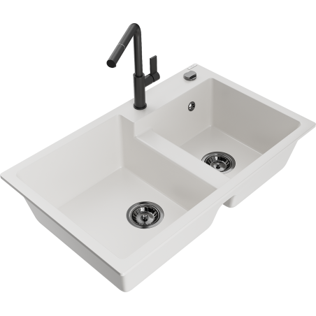 Mexen Tomas granite kitchen sink 2-bowl with Flora kitchen faucet, white - 6516-20-670401-70-B