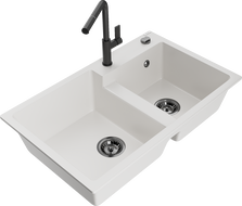 Mexen Tomas 2-chamber granite sink with Flora kitchen faucet, white - 6516-20-670401-70-B