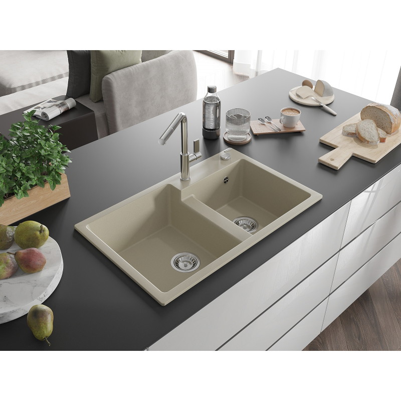 Mexen Tomas granite double-bowl kitchen sink with Flora faucet, beige - 6516-69-670401-00