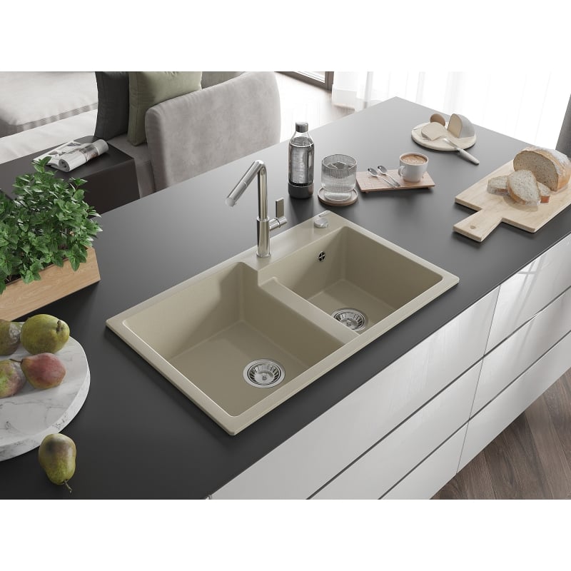 Mexen Tomas granite sink 2-chamber with kitchen faucet Flora, beige - 6516-69-670401-00