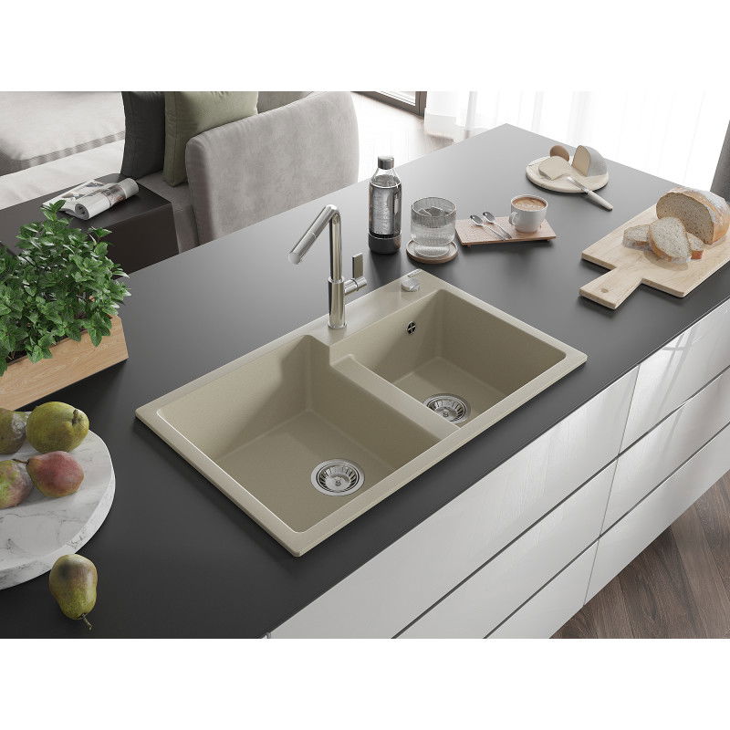 Mexen Tomas granite sink double bowl with Flora kitchen tap, beige - 6516-69-670401-00