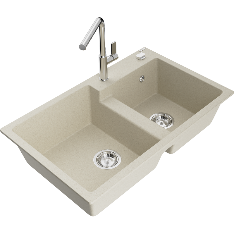 Mexen Tomas 2-compartment granite sink with a kitchen mixer tap Flora, Beige - 6516-69-670401-00