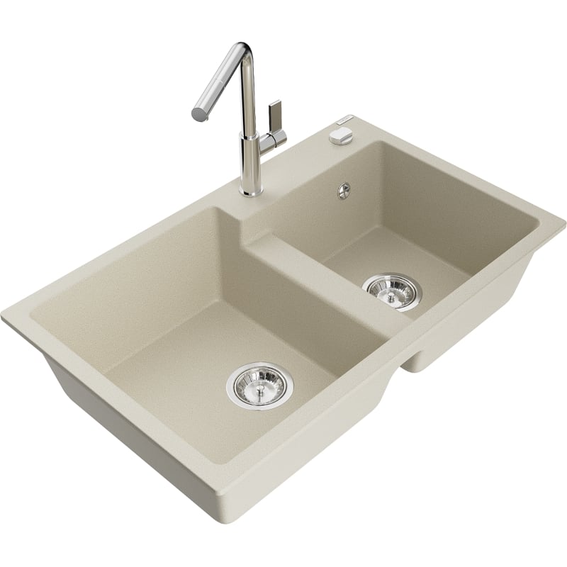 Mexen Tomas granite double-bowl kitchen sink with Flora faucet, beige - 6516-69-670401-00