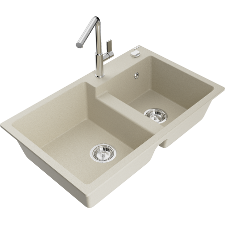 Mexen Tomas 2-compartment granite sink with a kitchen mixer tap Flora, Beige - 6516-69-670401-00