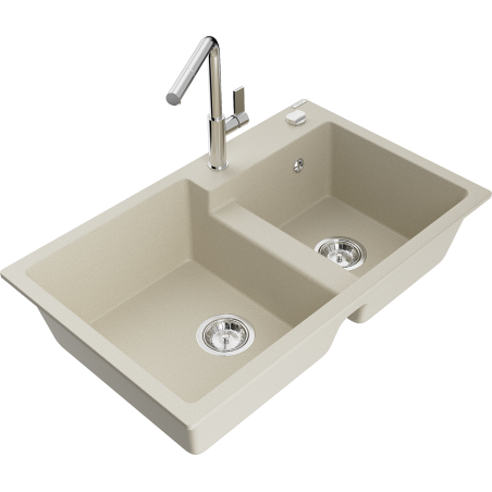 Mexen Tomas granite double-bowl kitchen sink with Flora faucet, beige - 6516-69-670401-00
