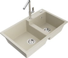 Mexen Tomas granite sink double bowl with Flora kitchen tap, beige - 6516-69-670401-00