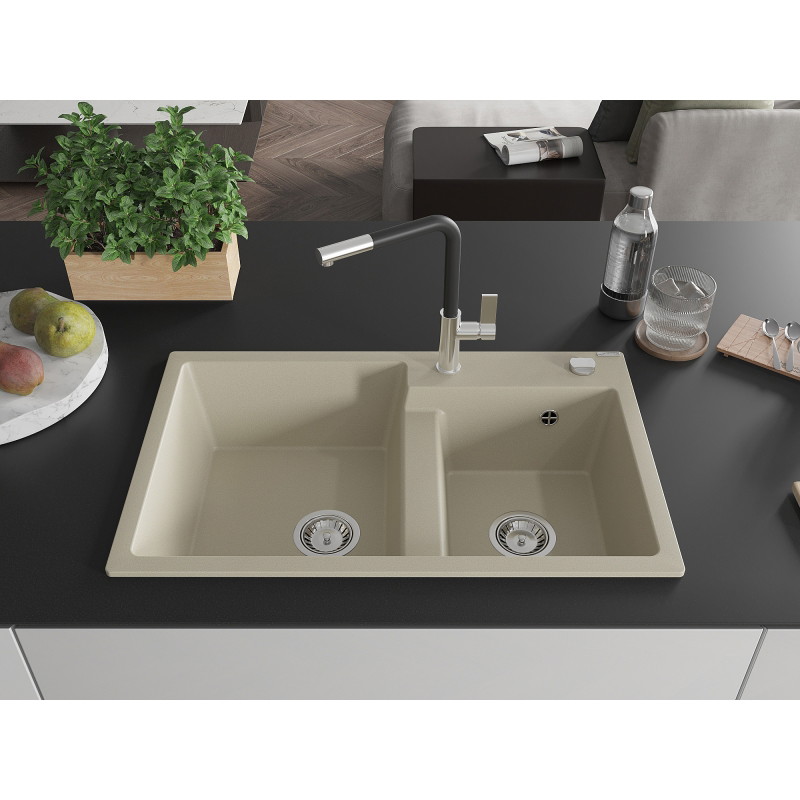 Mexen Tomas 2-compartment granite kitchen sink with Flora kitchen faucet, beige - 6516-69-670401-07
