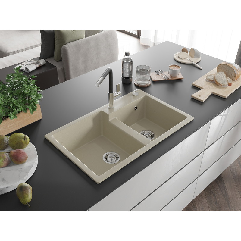 Mexen Tomas 2-compartment granite kitchen sink with Flora kitchen faucet, beige - 6516-69-670401-07