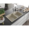Mexen Tomas granite sink 2-bowl with Flora kitchen tap, beige - 6516-69-670401-07