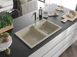 Mexen Tomas 2-compartment granite sink with a kitchen mixer tap Flora, Beige - 6516-69-670401-07