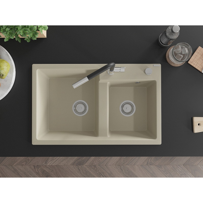 Mexen Tomas granite kitchen sink 2-chamber with Flora kitchen faucet, beige - 6516-69-670401-07