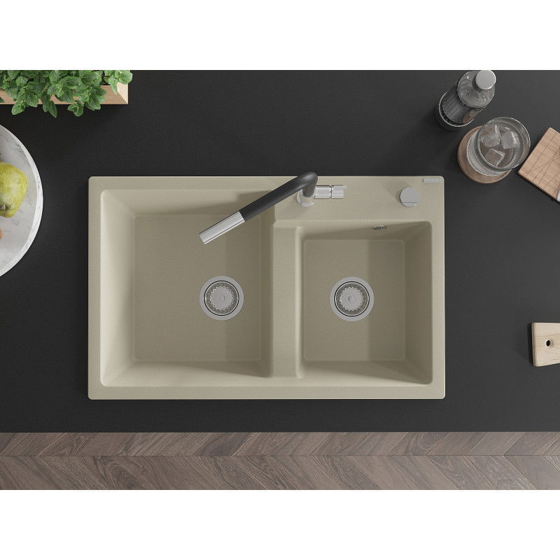 Mexen Tomas granite sink 2-bowl with Flora kitchen tap, beige - 6516-69-670401-07