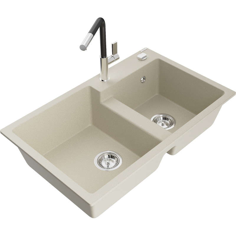 Mexen Tomas 2-compartment granite kitchen sink with Flora kitchen faucet, beige - 6516-69-670401-07