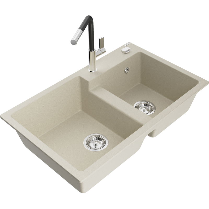 Mexen Tomas 2-compartment granite sink with a kitchen mixer tap Flora, Beige - 6516-69-670401-07
