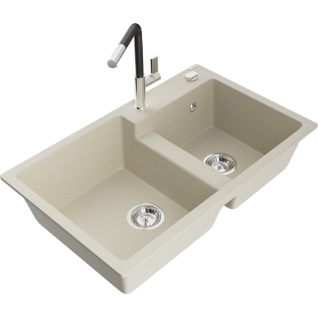 Mexen Tomas 2-compartment granite sink with a kitchen mixer tap Flora, Beige - 6516-69-670401-07