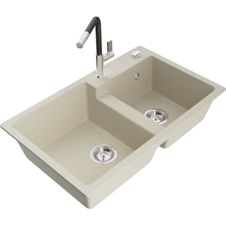 Mexen Tomas granite sink 2-bowl with Flora kitchen tap, beige - 6516-69-670401-07