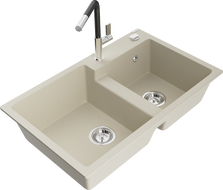 Mexen Tomas 2-compartment granite kitchen sink with Flora kitchen faucet, beige - 6516-69-670401-07