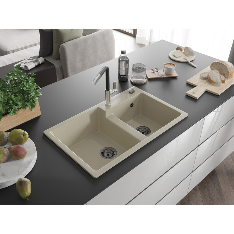Mexen Tomas 2-compartment granite sink with Flora kitchen faucet, beige - 6516-69-670401-07-B