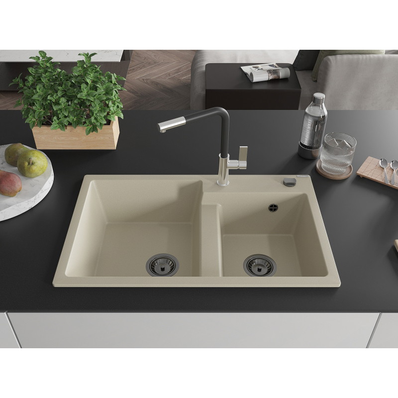 Mexen Tomas 2-compartment granite sink with Flora kitchen faucet, beige - 6516-69-670401-07-B