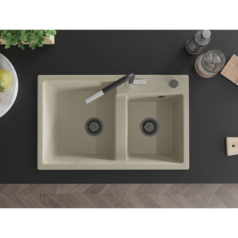 Mexen Tomas granite sink with 2 bowls and Flora kitchen tap, beige - 6516-69-670401-07-B