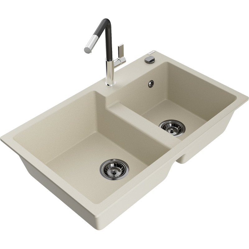 Mexen Tomas 2-compartment granite sink with a kitchen mixer tap Flora, Beige - 6516-69-670401-07-B