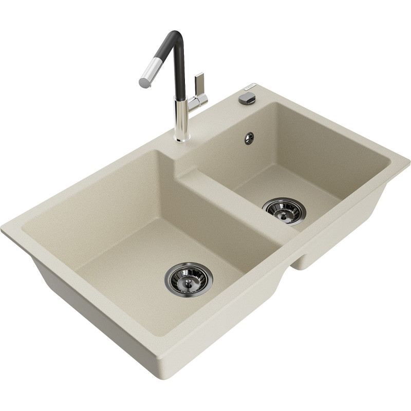 Mexen Tomas 2-compartment granite sink with Flora kitchen faucet, beige - 6516-69-670401-07-B