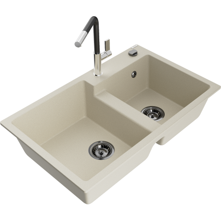 Mexen Tomas 2-compartment granite sink with Flora kitchen faucet, beige - 6516-69-670401-07-B