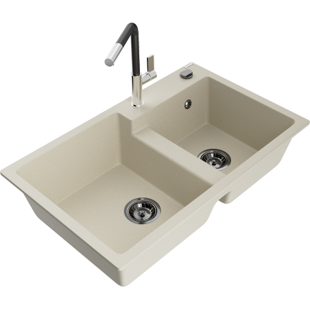 Mexen Tomas granite double-bowl kitchen sink with Flora faucet, beige - 6516-69-670401-07-B
