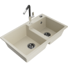 Mexen Tomas granite sink with 2 bowls and Flora kitchen tap, beige - 6516-69-670401-07-B