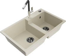 Mexen Tomas granite double-bowl kitchen sink with Flora faucet, beige - 6516-69-670401-07-B