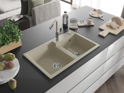 Mexen Tomas 2-bowl granite kitchen sink with Flora faucet, beige - 6516-69-670401-09