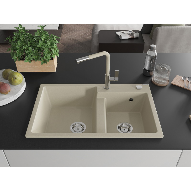 Mexen Tomas 2-bowl granite kitchen sink with Flora faucet, beige - 6516-69-670401-09